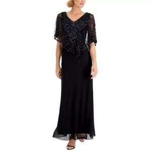 J Kara Embellished-Overlay Gown in Black/Gunmetal